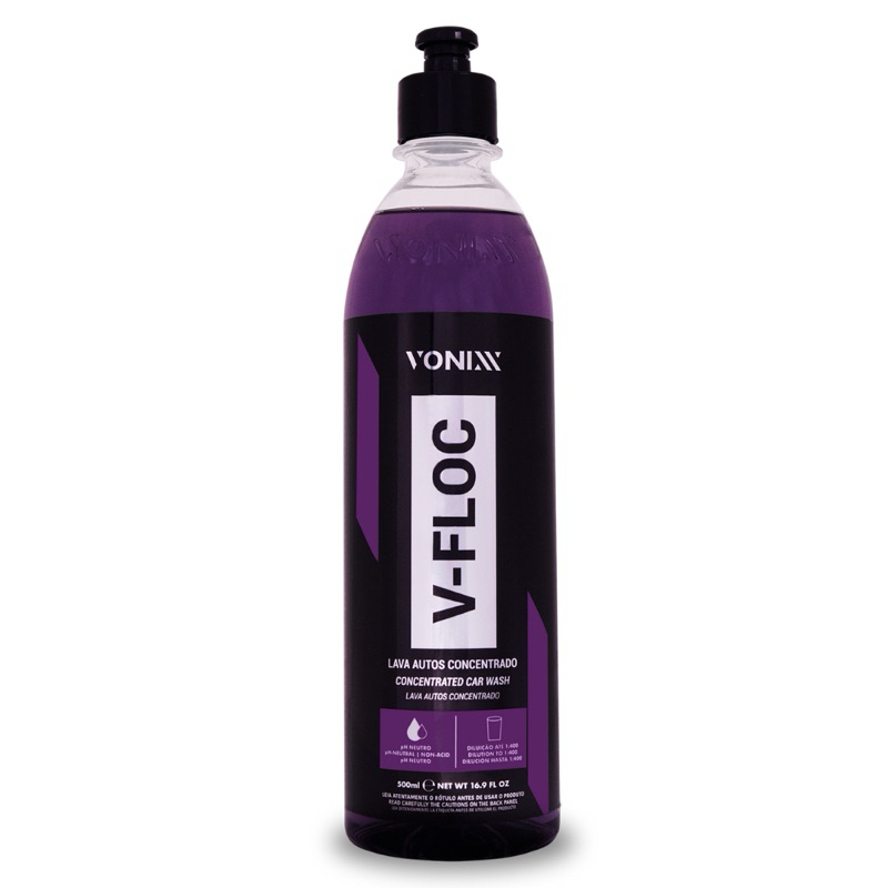 Frasco de 500 ml do shampoo automotivo concentrado Vonixx V-Floc, roxo e preto