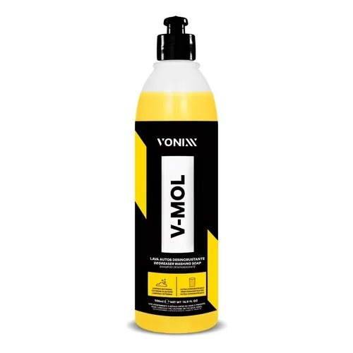 Frasco de 500 ml do shampoo automotivo desincrustante Vonixx V-Mol, amarelo e preto