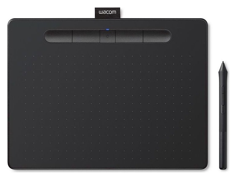 Mesa digitalizadora Wacom Intuos preta com quatro teclas na parte superior e caneta