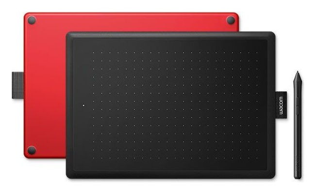 Mesa digitalizadora One by Wacom Medium preta, com a parte de trás vermelha, e caneta