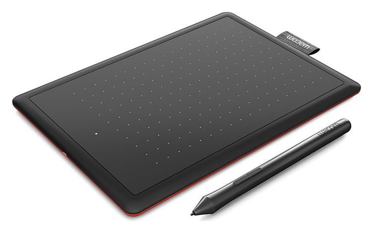 Mesa digitalizadora One by Wacom Small preta com borda vermelha e caneta ao lado
