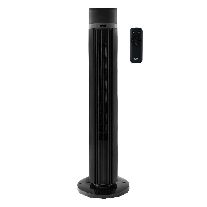 Ventilador de torre WAP Air Silence preto com controle remoto ao lado