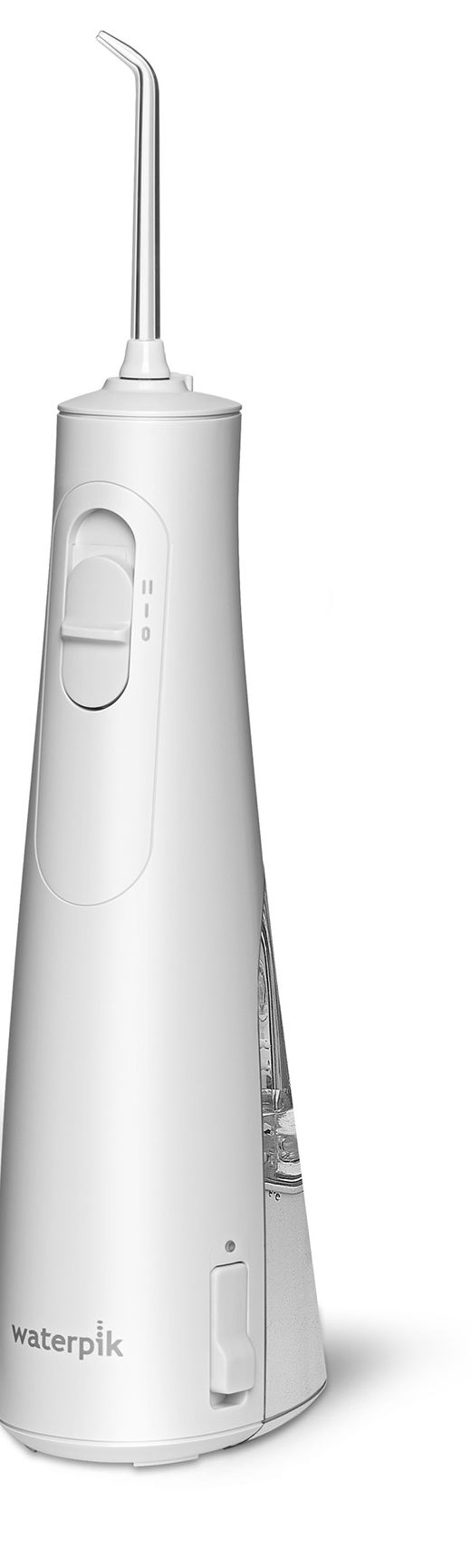 Irrigador oral Waterpik Cordless Enhance WF21 branco, com bico curvo e botão deslizante na lateral