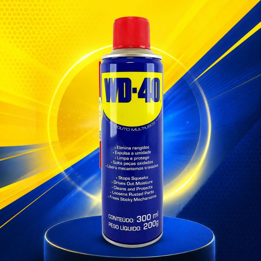 Lata azul de WD-40 Produto Multiusos de 300 ml, com tampa vermelha e lista de usos no rótulo