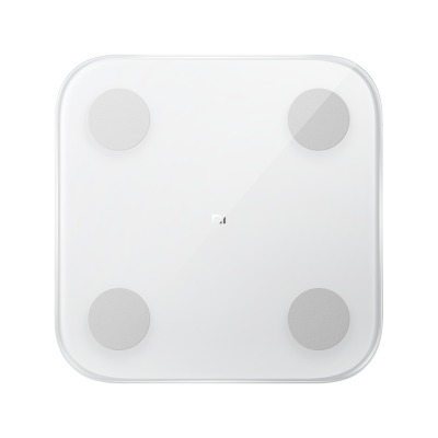 Balança digital Xiaomi Body Composition Scale 2 branca, quadrada, vista de cima com quatro eletrodos